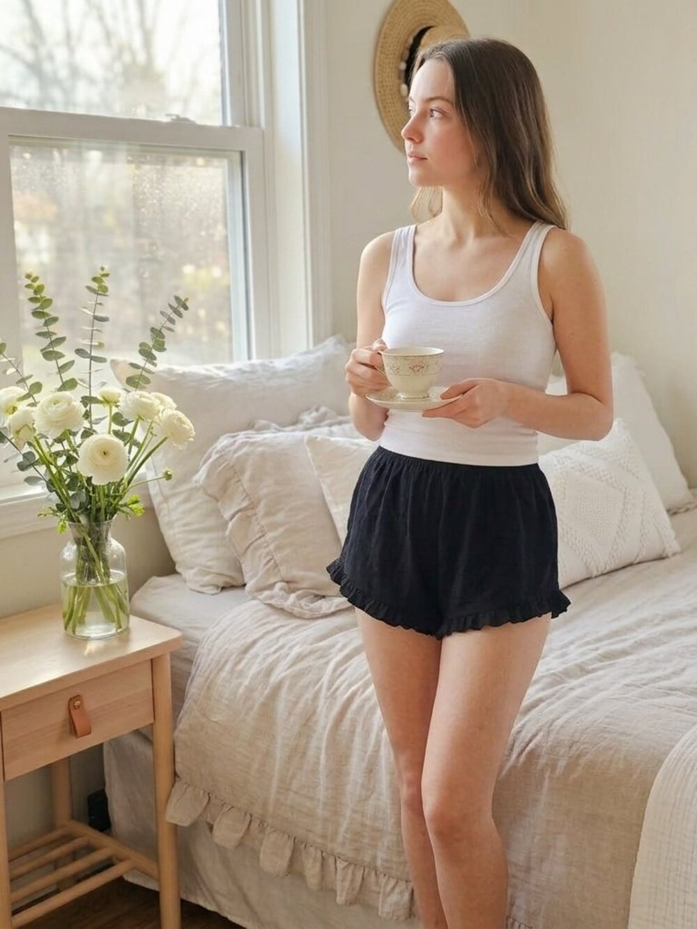 Black Ruffle Lounge Shorts Soft Sleep Shorts Relaxed Fit L